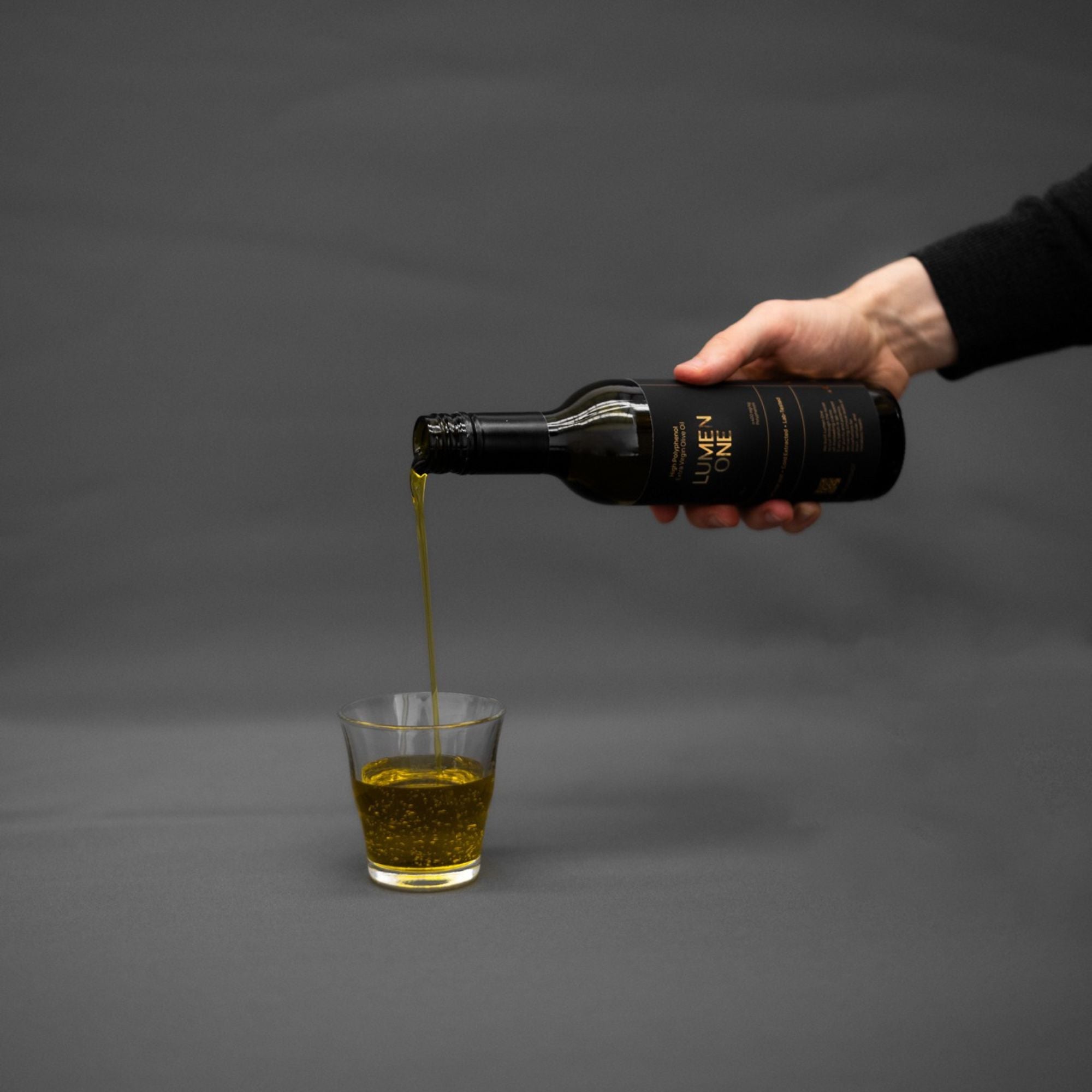 Bottle of Lumen One high polyphenol extra virgin olive oil, 375ml UV-resistant glass