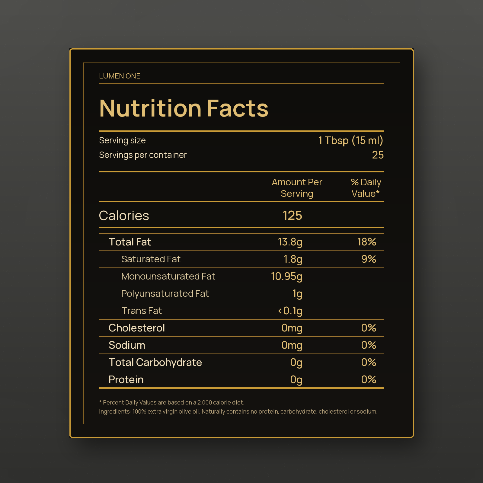 Nutrition information panel for Lumen One extra virgin olive oil, 375ml